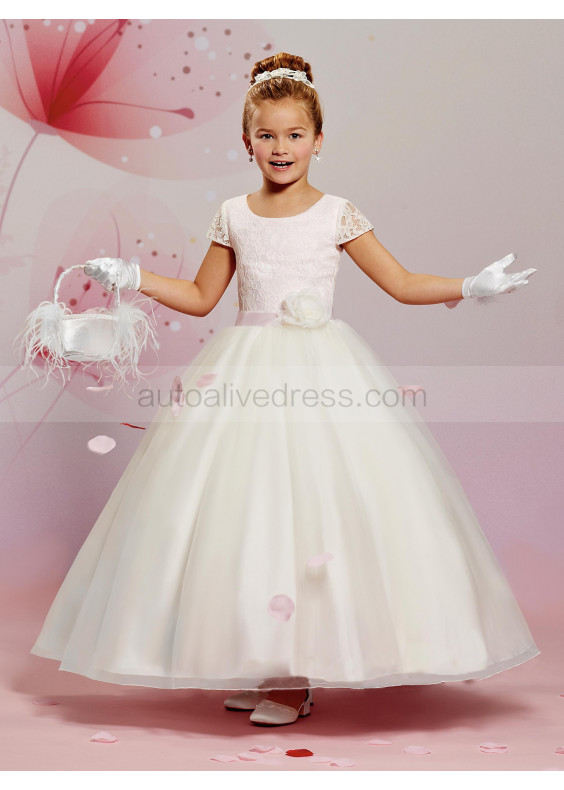 Cap Sleeves Lace Organza Heart-shaped Back Flower Girl Dress